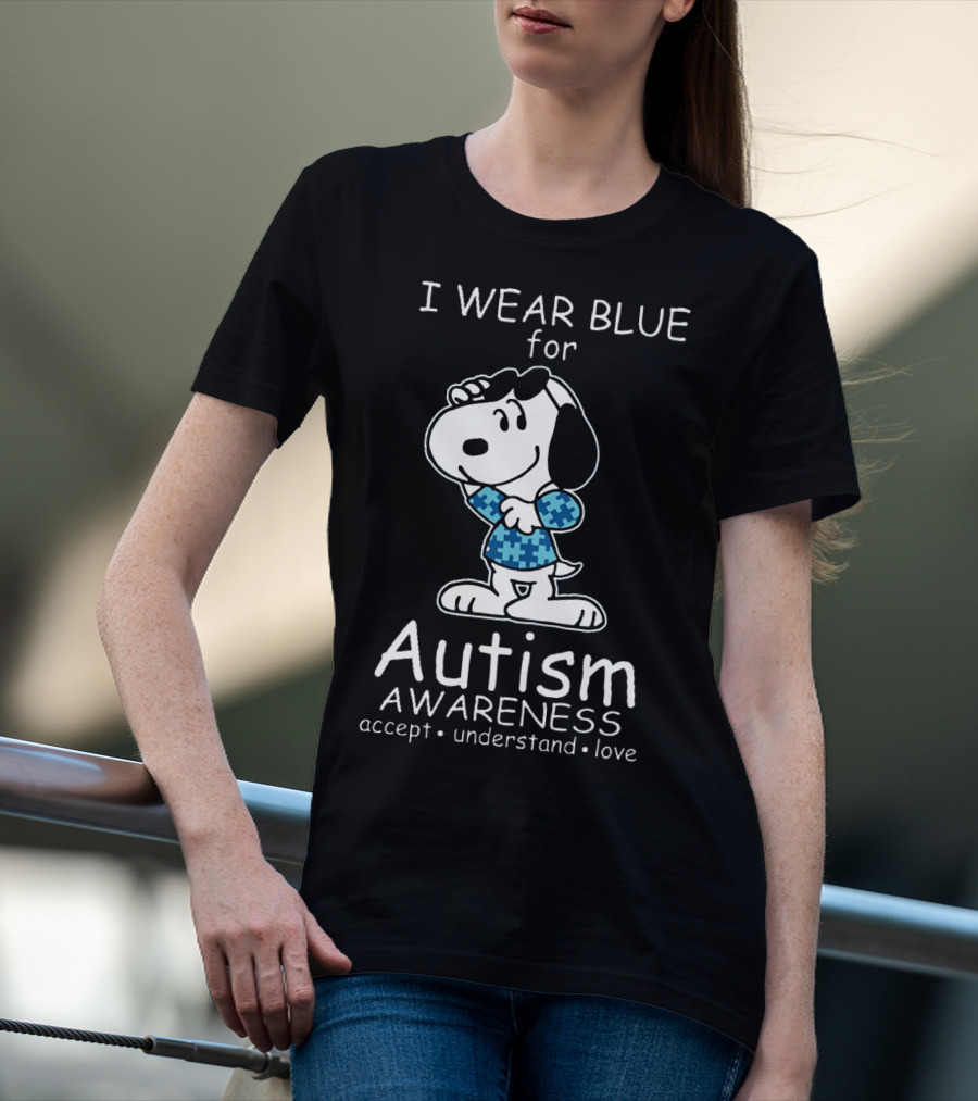 Snoopy I Wear Blue For Autism Awareness Accept Understand Love Peanuts T-Shirt