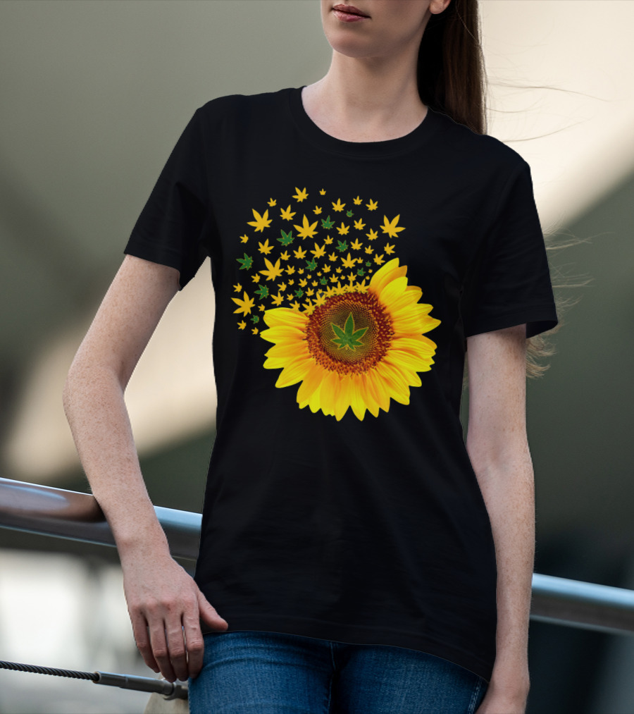 Sunflower With Dispersing Yellow And Green Weed Leaves T-Shirt