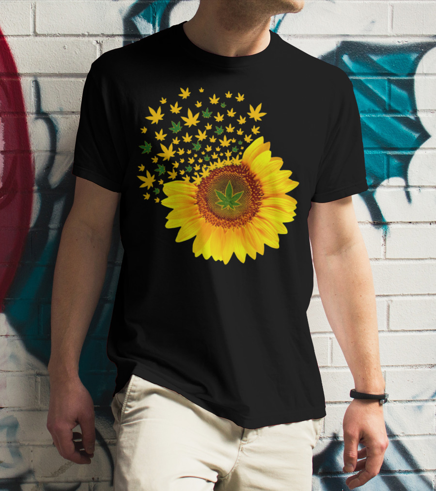 Sunflower With Dispersing Yellow And Green Weed Leaves T-Shirt