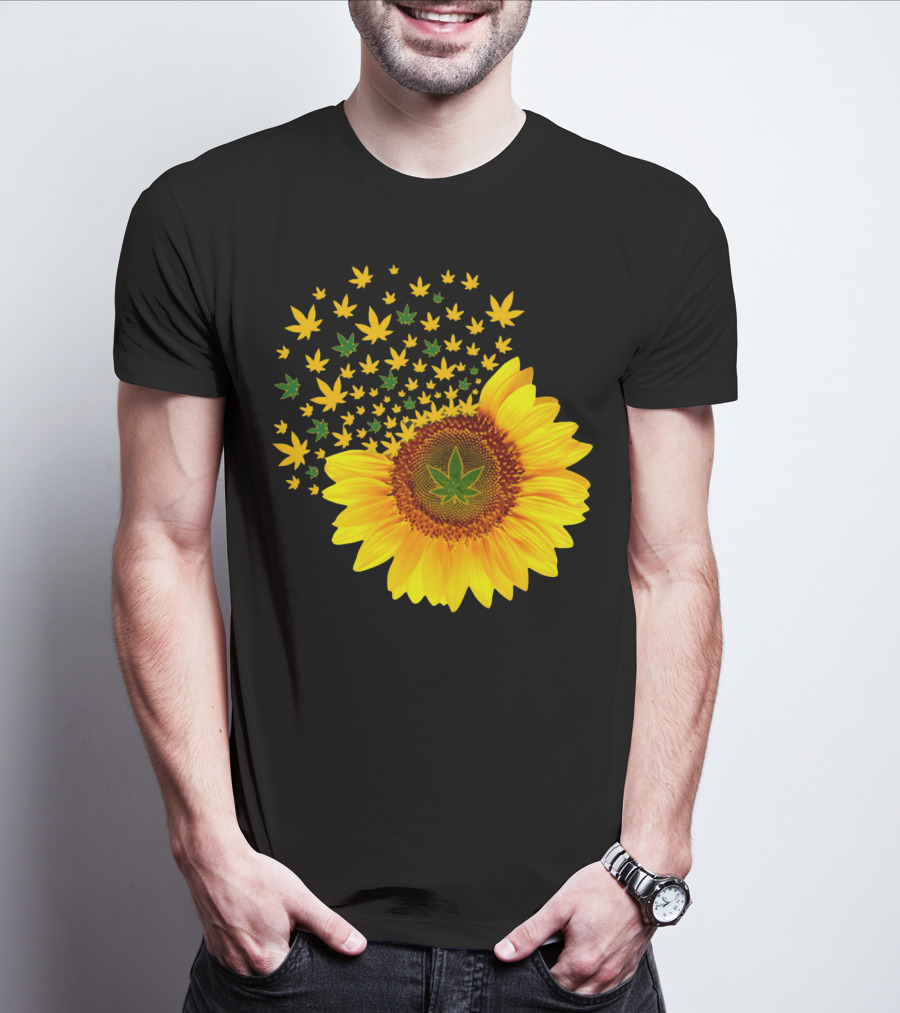 Sunflower With Dispersing Yellow And Green Weed Leaves T-Shirt