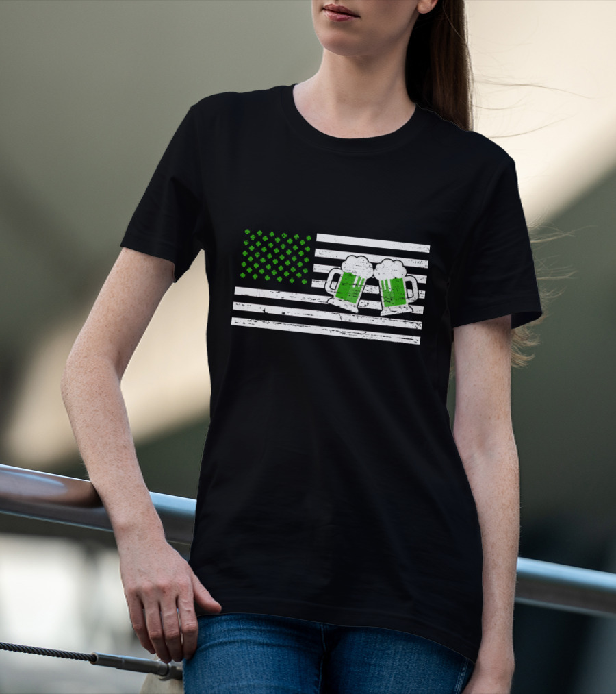 Happy Patrick's Day American Flag With Green Shamrocks And Beer Mugs T-Shirt