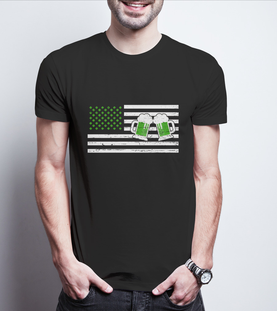 Happy Patrick's Day American Flag With Green Shamrocks And Beer Mugs T-Shirt