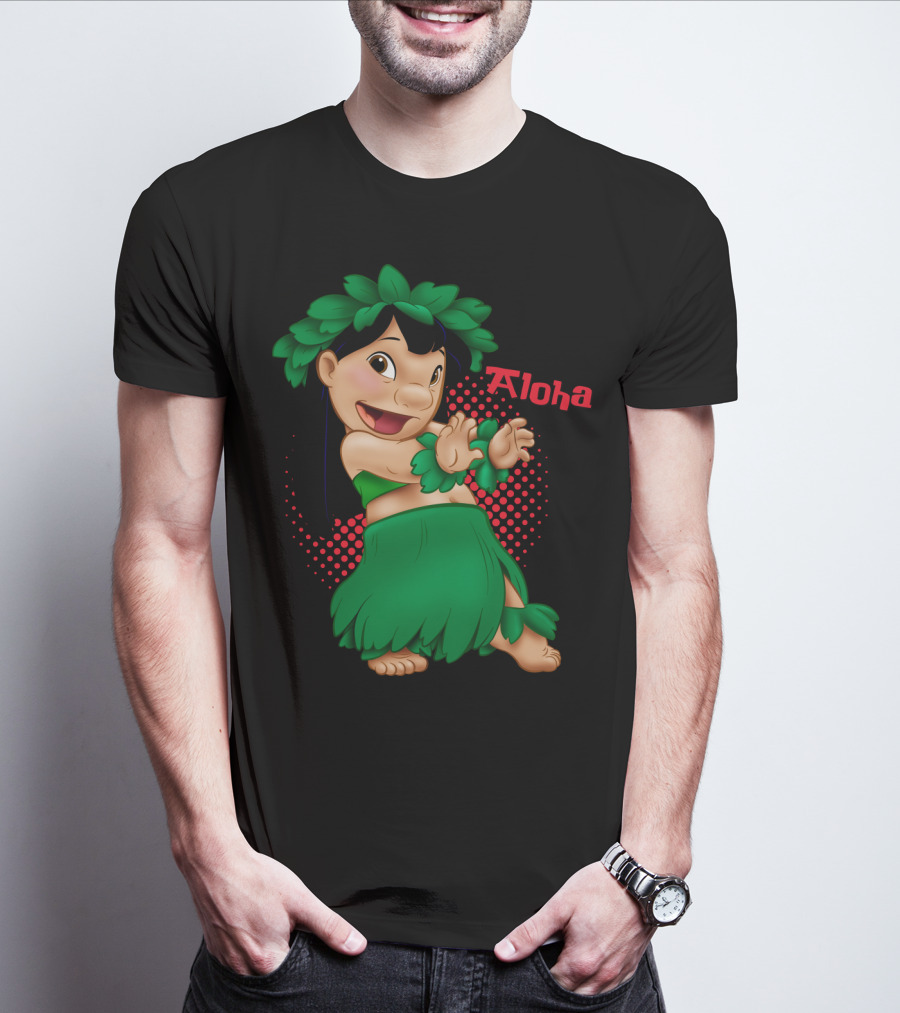 Lilo And Stitch Aloha Lilo Green Hula Dance With Red Polka Dot Background T-Shirt