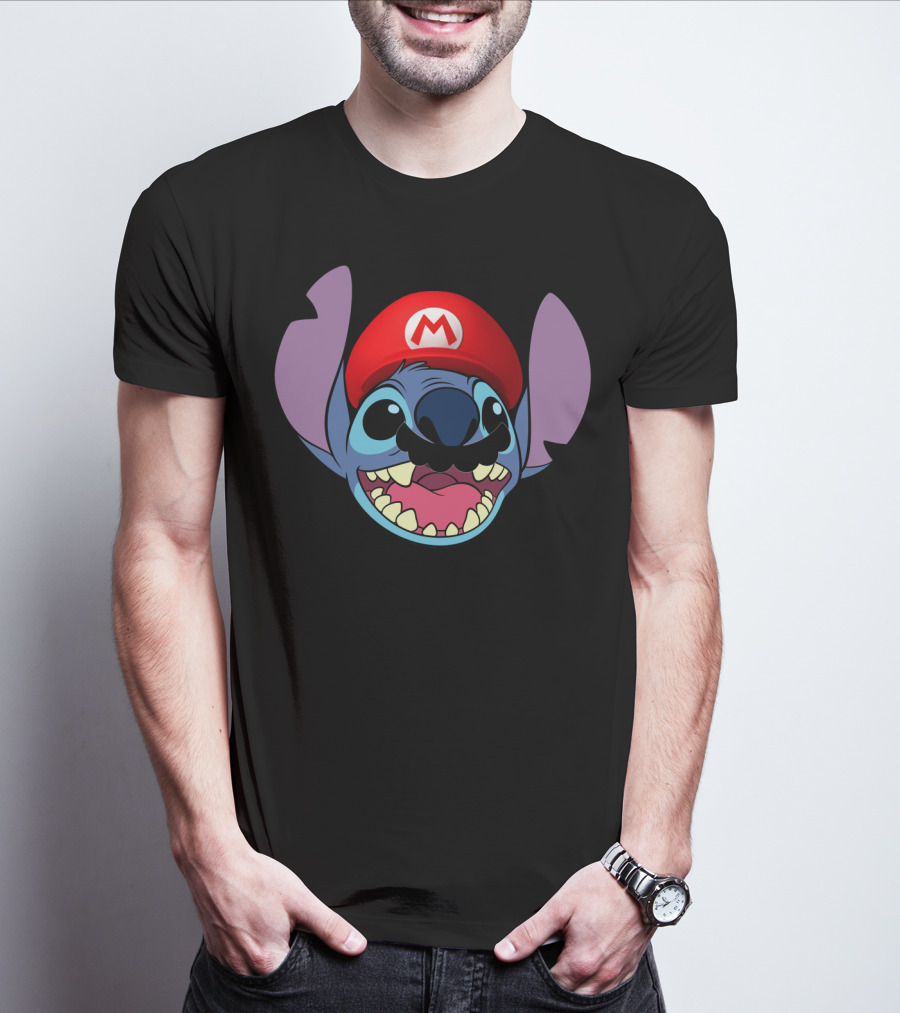 Stitch Wearing Mario Hat And Mustache Cartoon Crossover T-Shirt