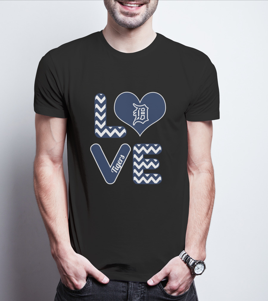 Love Detroit Tigers With Heart Logo And Chevron T-Shirt