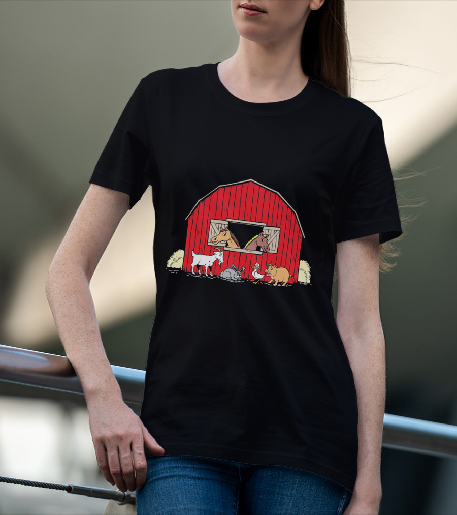 Barnyard Animals Red Barn Horses Pig Goat Duck Scene T-Shirt