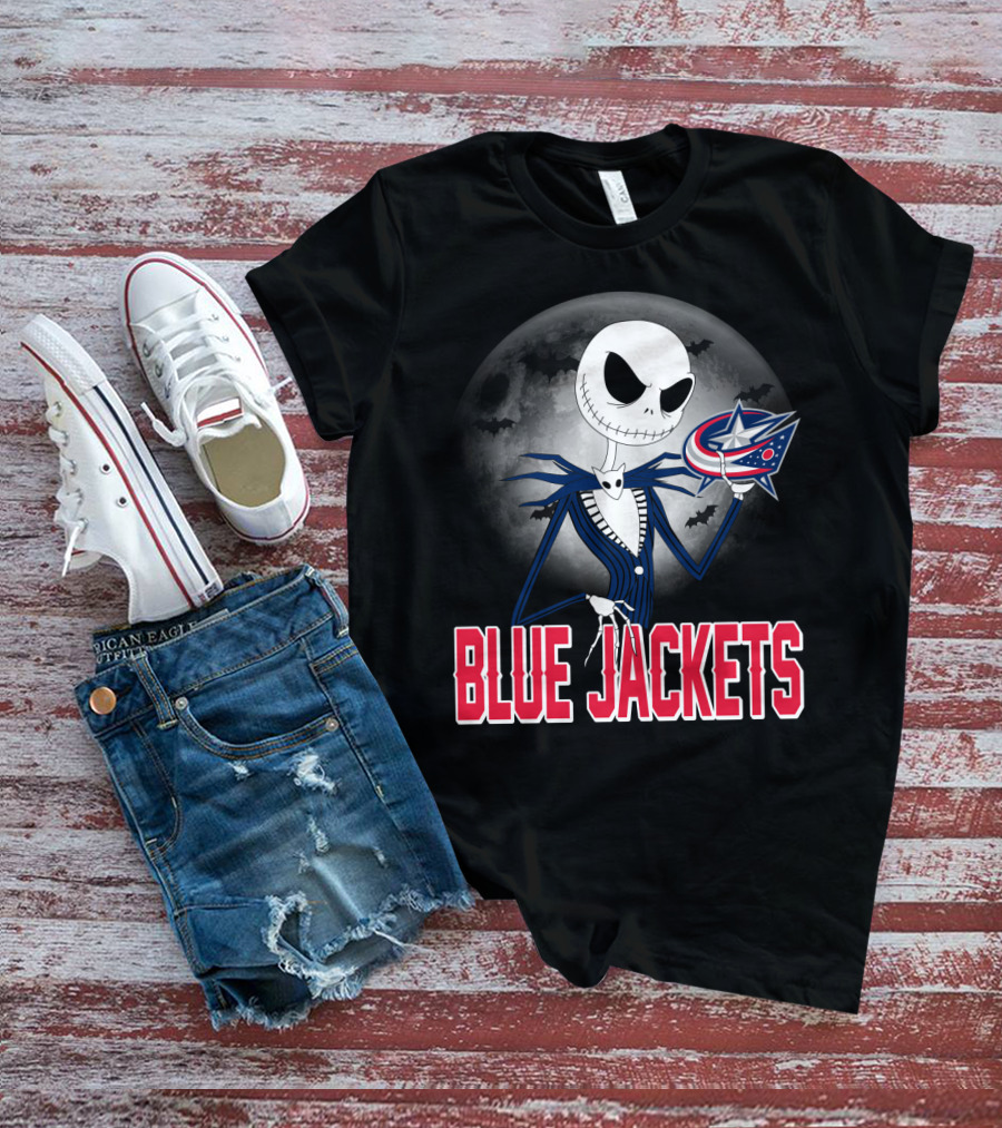 Jack Skellington Columbus Blue Jackets Halloween Fan Logo Moon Background T-Shirt