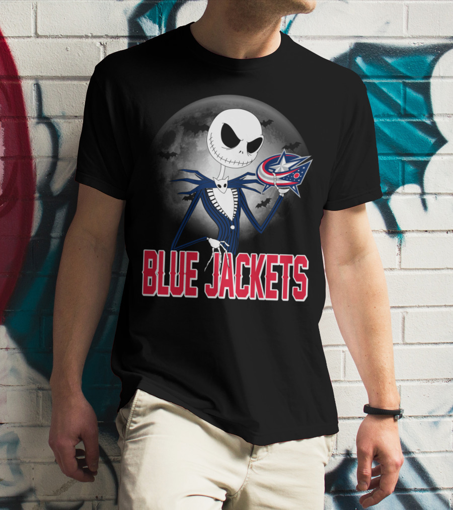 Jack Skellington Columbus Blue Jackets Halloween Fan Logo Moon Background T-Shirt