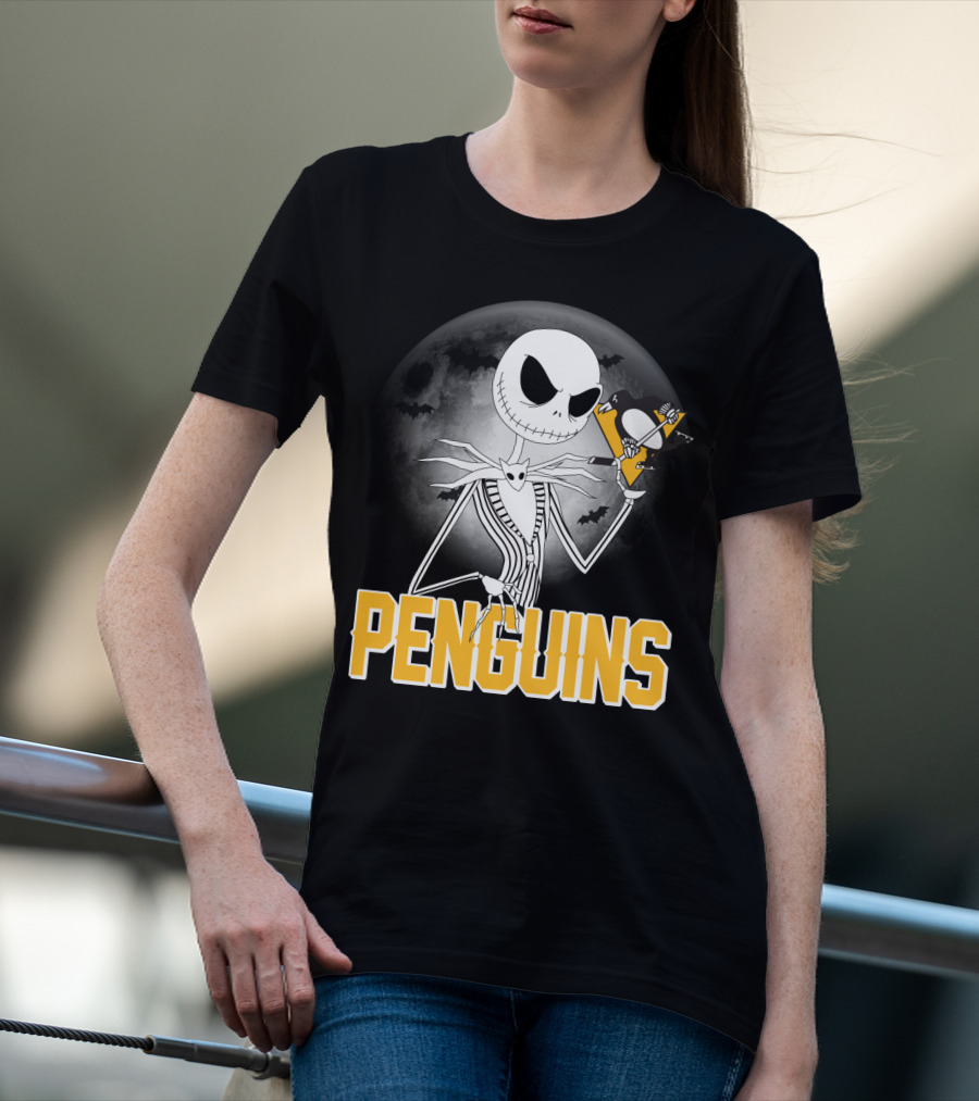 Jack Skellington Halloween Full Moon Penguins Hockey T-Shirt