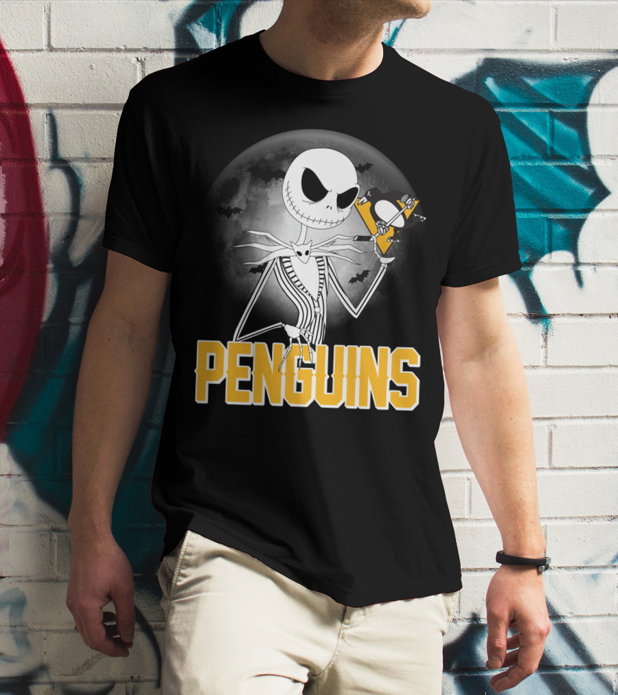 Jack Skellington Halloween Full Moon Penguins Hockey T-Shirt