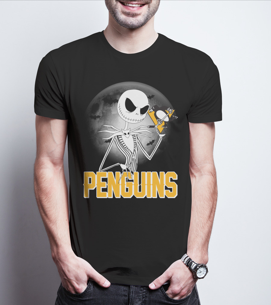 Jack Skellington Halloween Full Moon Penguins Hockey T-Shirt
