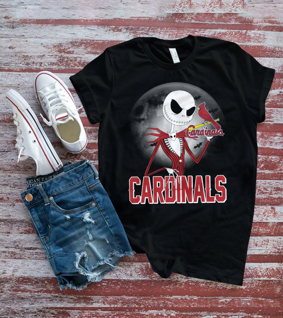 Cardinals Jack Skeleton Halloween St. Louis Cardinals Logo Moon Background T-Shirt