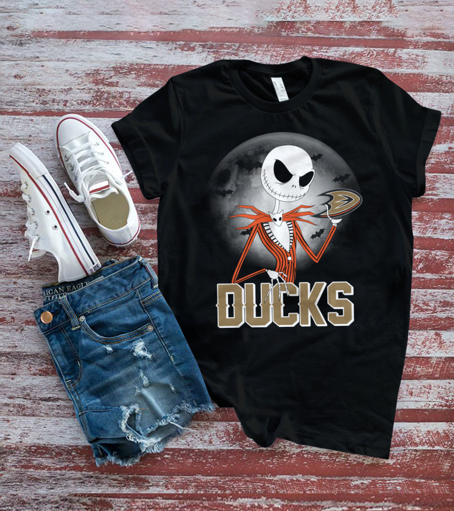 Jack Skellington Anaheim Ducks Halloween Moon And Bats T-Shirt