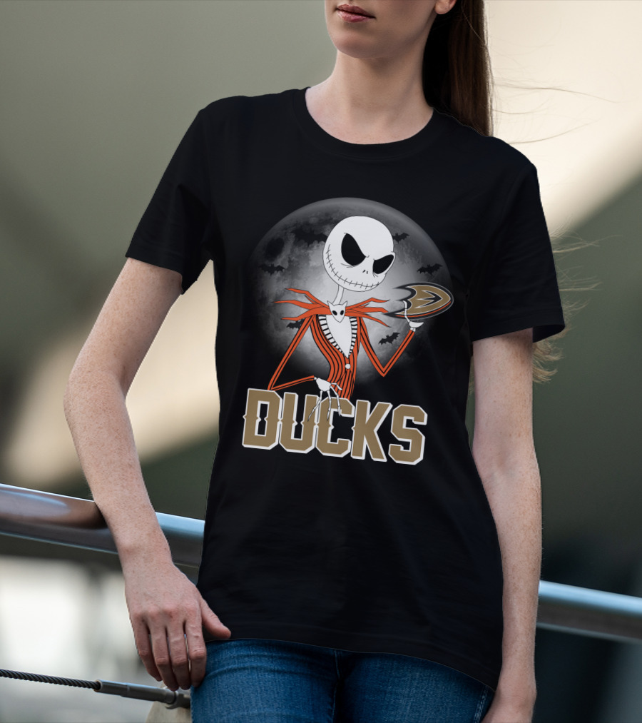 Jack Skellington Anaheim Ducks Halloween Moon And Bats T-Shirt