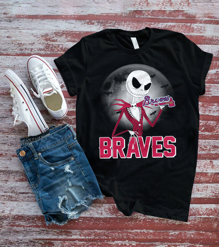 Jack Skellington Braves Halloween With Atlanta Baseball Moon And Bats T-Shirt
