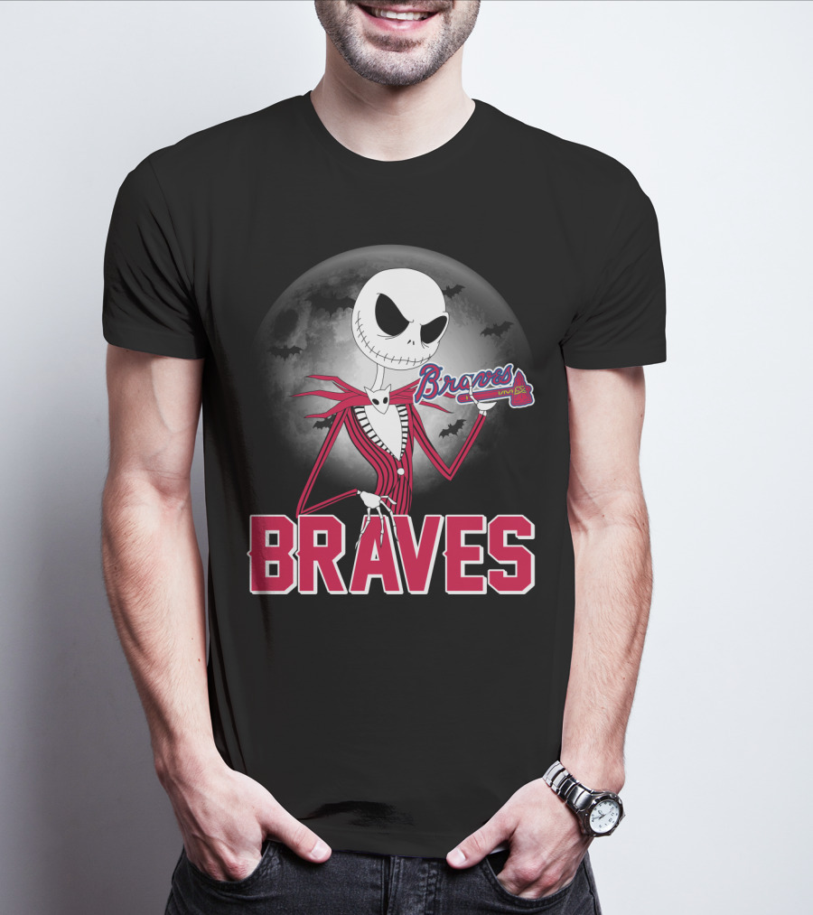 Jack Skellington Braves Halloween With Atlanta Baseball Moon And Bats T-Shirt