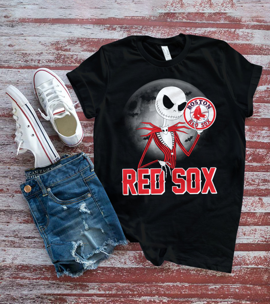Jack Skellington Holding Boston Red Sox Logo With Halloween Moon Background T-Shirt