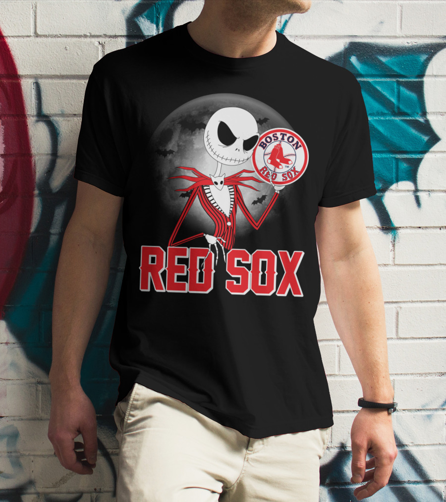 Jack Skellington Holding Boston Red Sox Logo With Halloween Moon Background T-Shirt