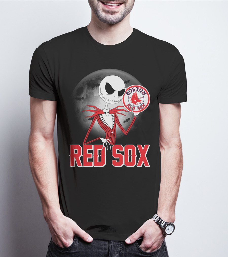 Jack Skellington Holding Boston Red Sox Logo With Halloween Moon Background T-Shirt