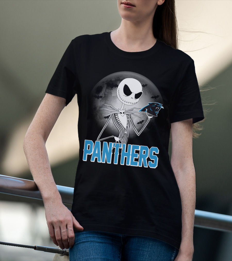 Jack Skellington Panthers Halloween Carolina Panthers Logo Moon Bats T-Shirt