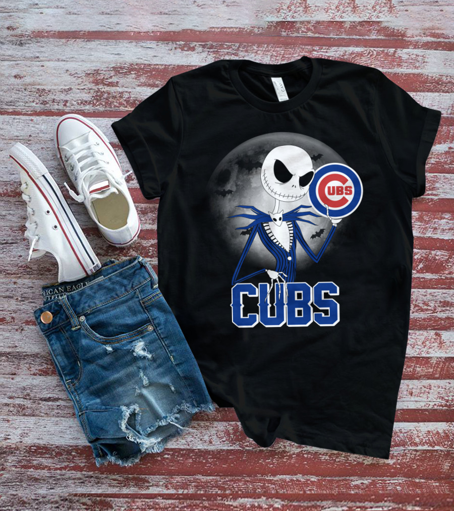 Jack Skellington Halloween Cubs Logo Fans With Full Moon And Bats T-Shirt