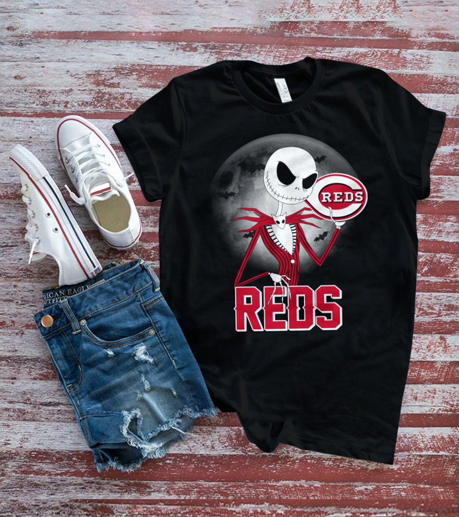 Jack Skellington With Cincinnati Reds Logo Halloween T-Shirt
