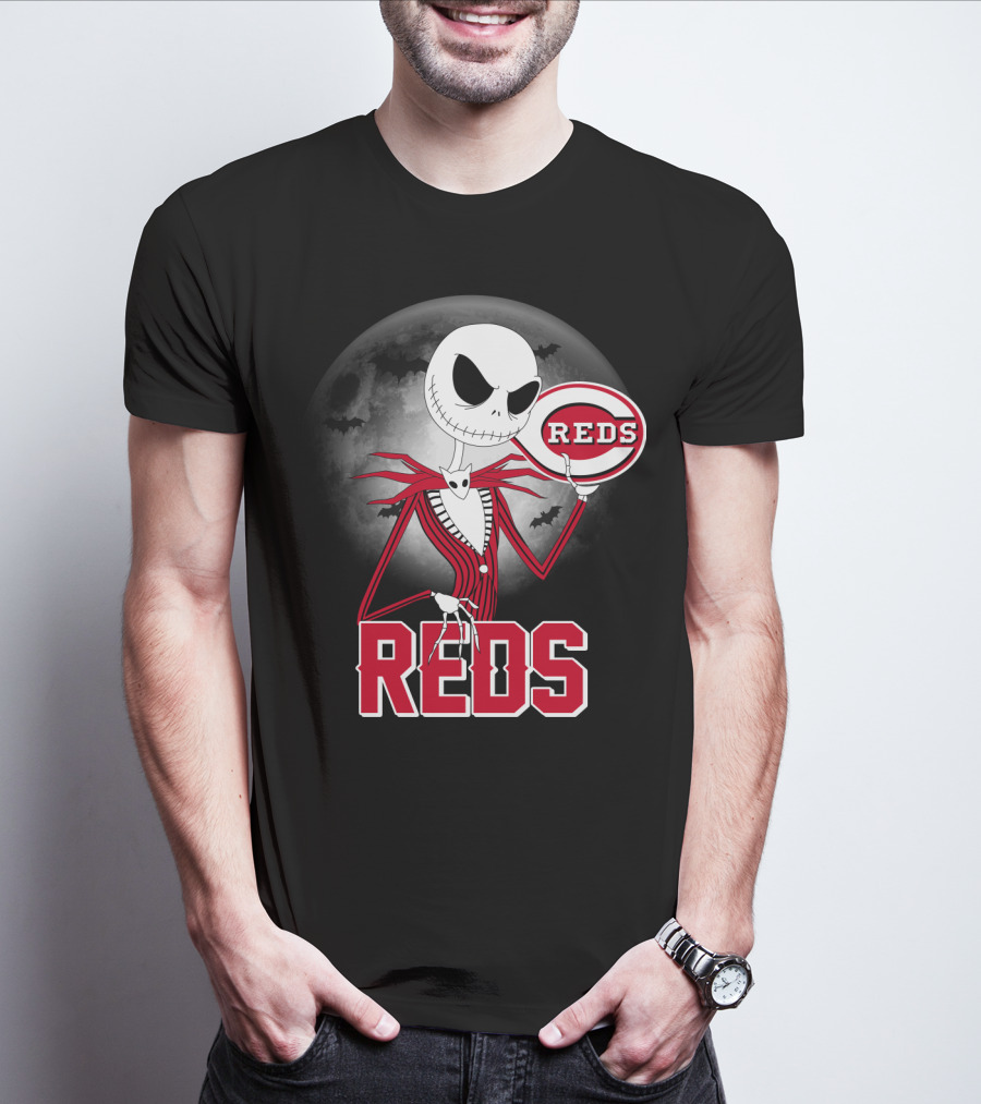 Jack Skellington With Cincinnati Reds Logo Halloween T-Shirt