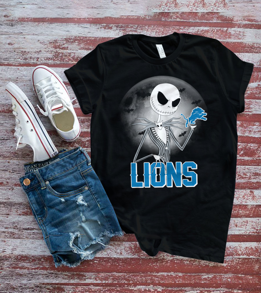 Jack Skellington Detroit Lions Halloween Night Full Moon Bats T-Shirt