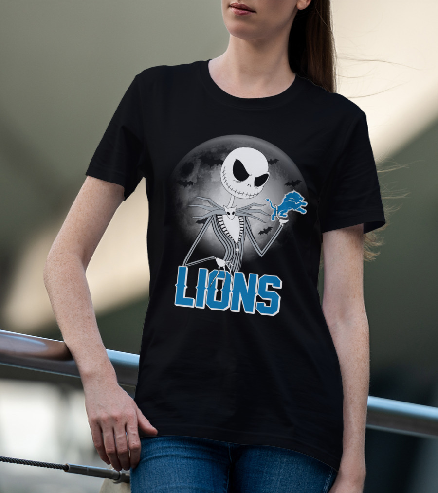 Jack Skellington Detroit Lions Halloween Night Full Moon Bats T-Shirt