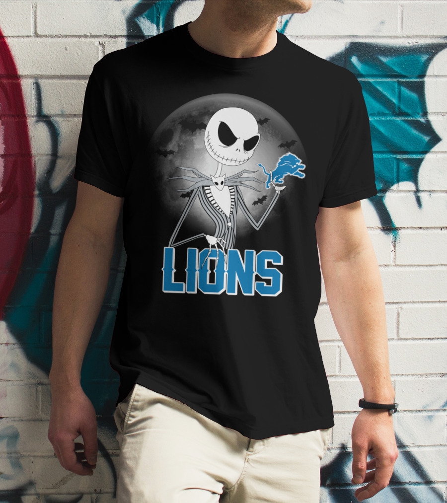 Jack Skellington Detroit Lions Halloween Night Full Moon Bats T-Shirt