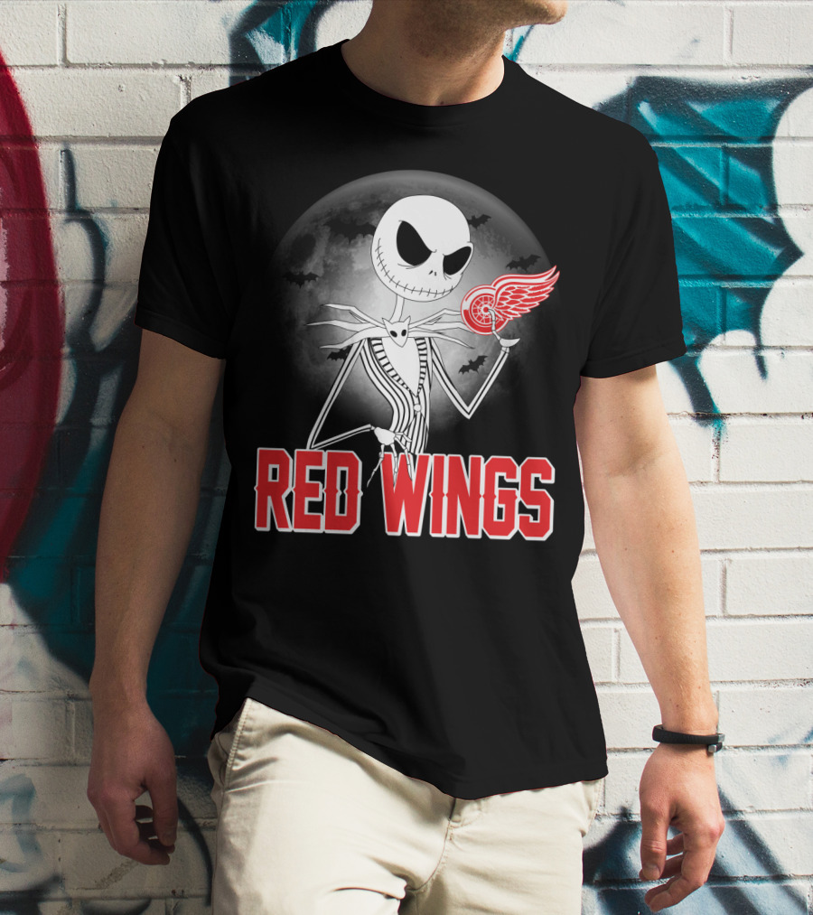 Jack Skellington Holding Detroit Red Wings Symbol In Halloween Moonlit Scene T-Shirt