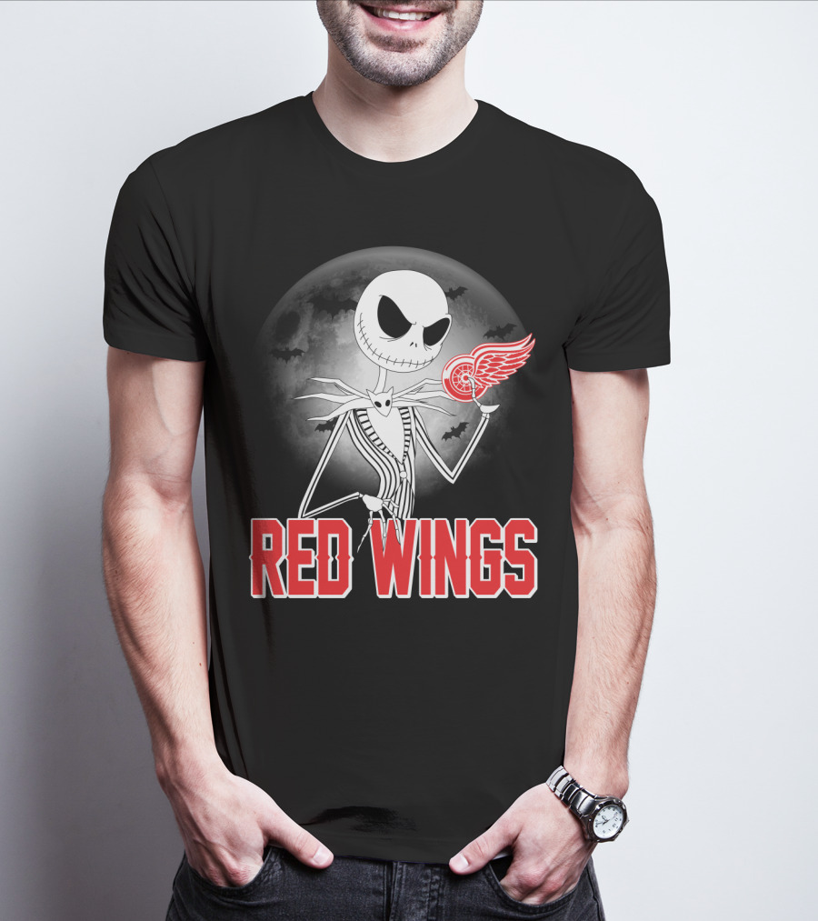 Jack Skellington Holding Detroit Red Wings Symbol In Halloween Moonlit Scene T-Shirt