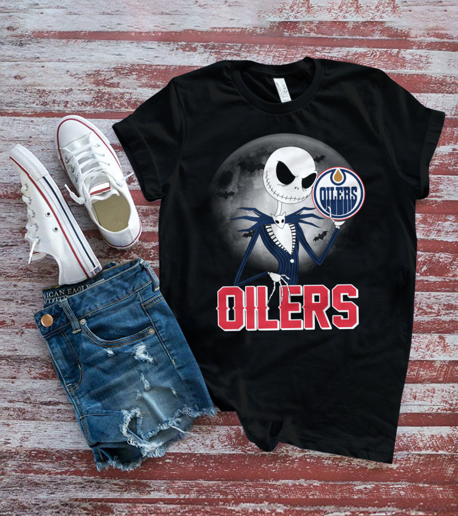 Jack Skellington Edmonton Oilers Halloween Moon Background T-Shirt