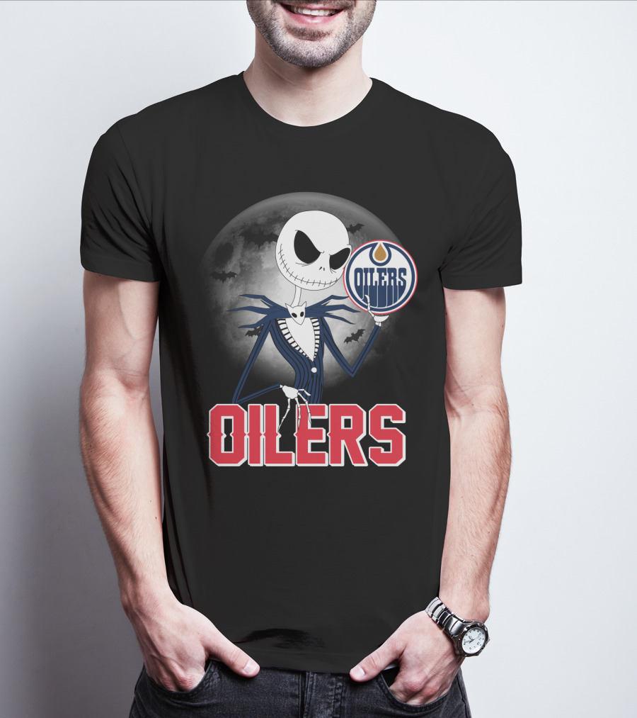 Jack Skellington Edmonton Oilers Halloween Moon Background T-Shirt
