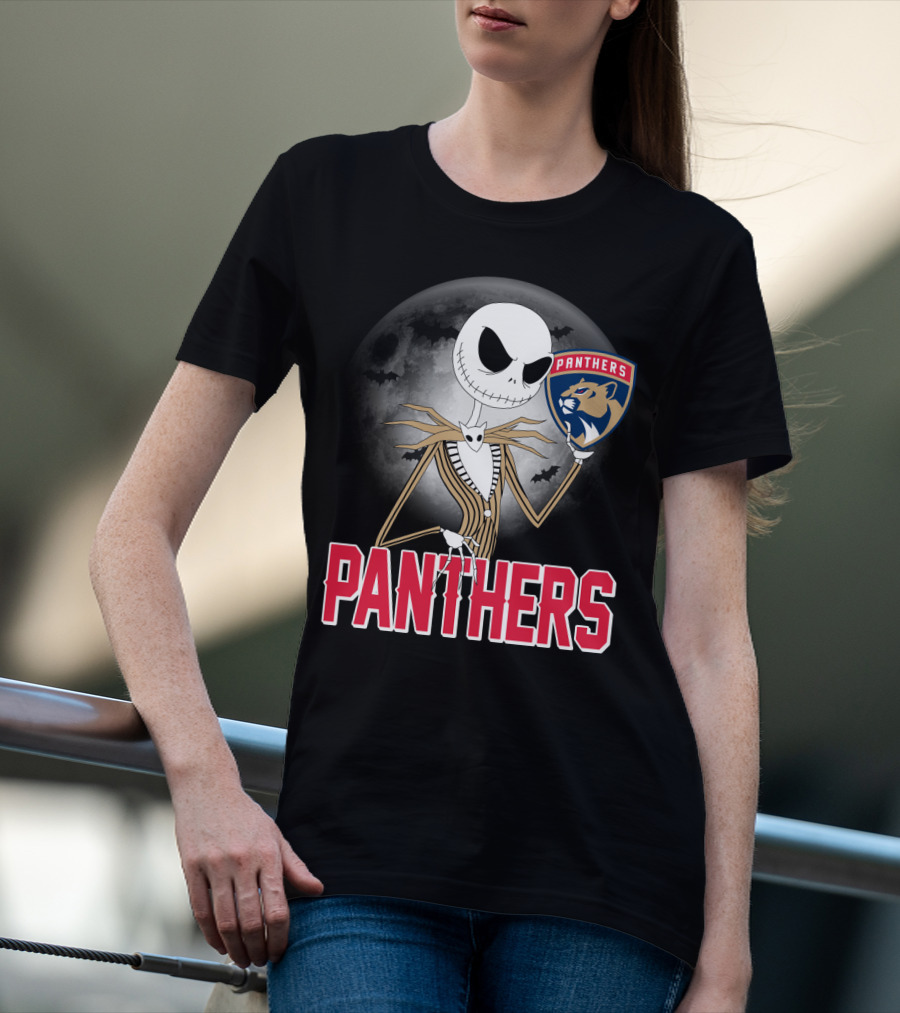 Jack Skellington Holding Florida Panthers Logo Halloween Moon Background T-Shirt