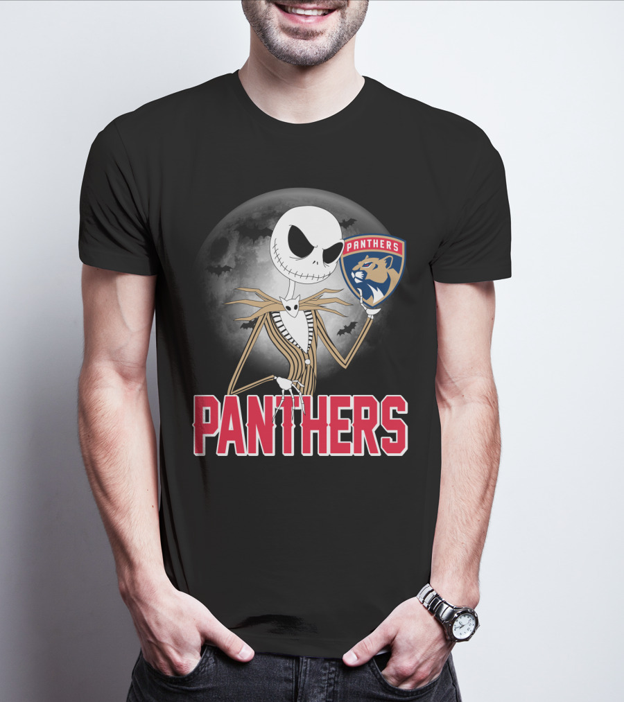 Jack Skellington Holding Florida Panthers Logo Halloween Moon Background T-Shirt