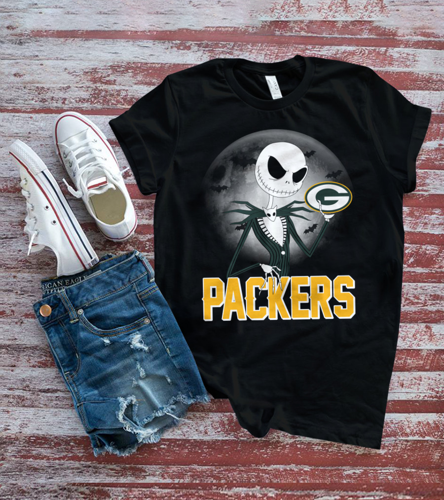 Jack Skellington Green Bay Packers Halloween Moon Bats T-Shirt