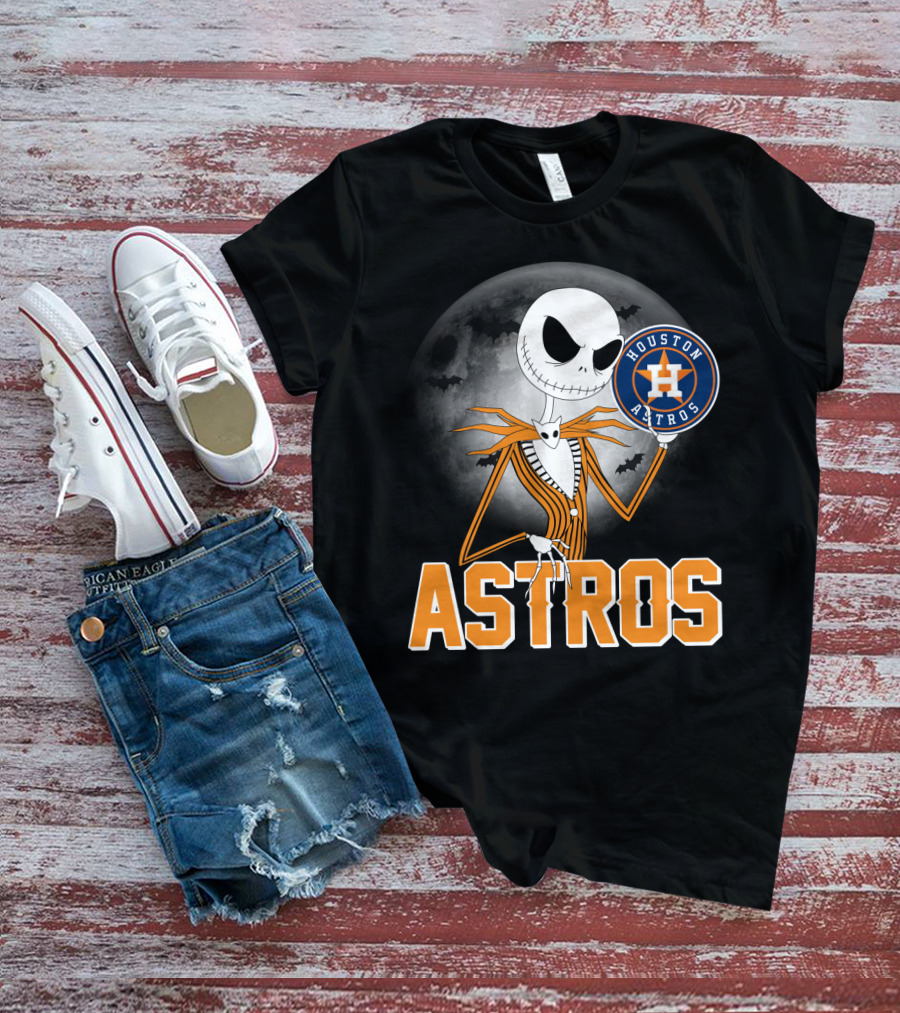 Jack Skellington Holding Houston Astros Logo With Halloween Bats T-Shirt