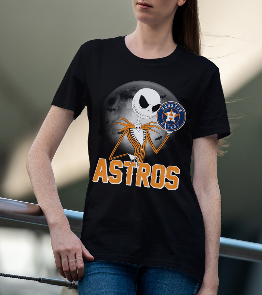 Jack Skellington Holding Houston Astros Logo With Halloween Bats T-Shirt