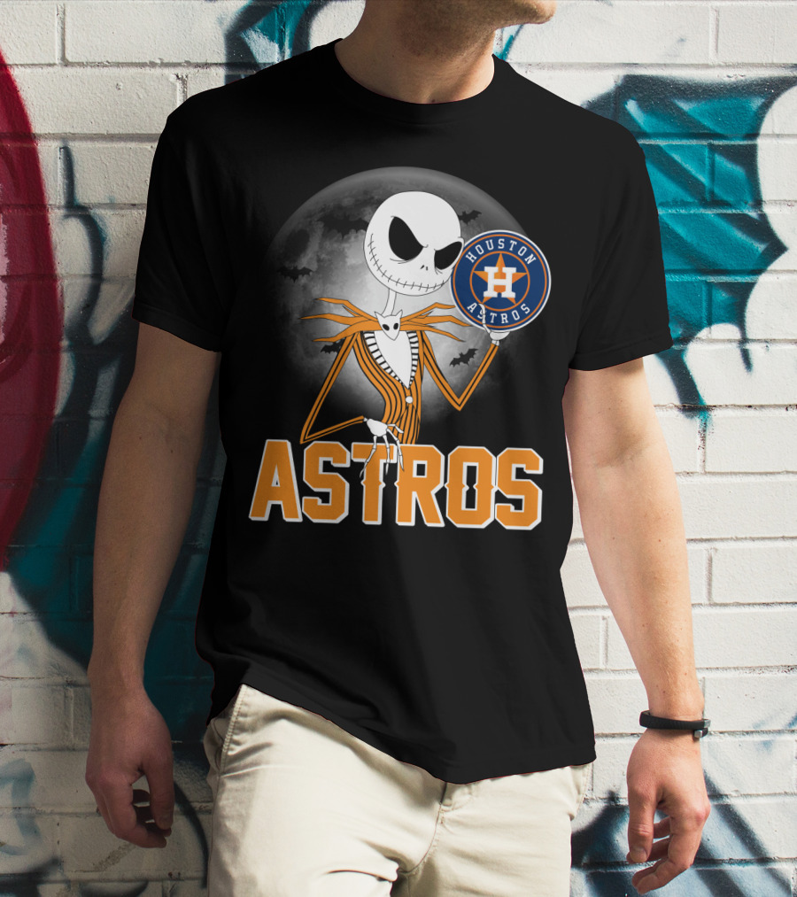 Jack Skellington Holding Houston Astros Logo With Halloween Bats T-Shirt
