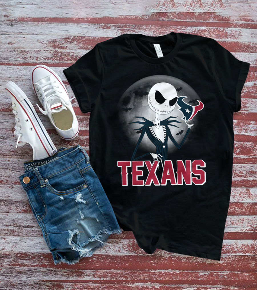 Jack Skellington Holding Houston Texans Logo With Moon And Bats T-Shirt