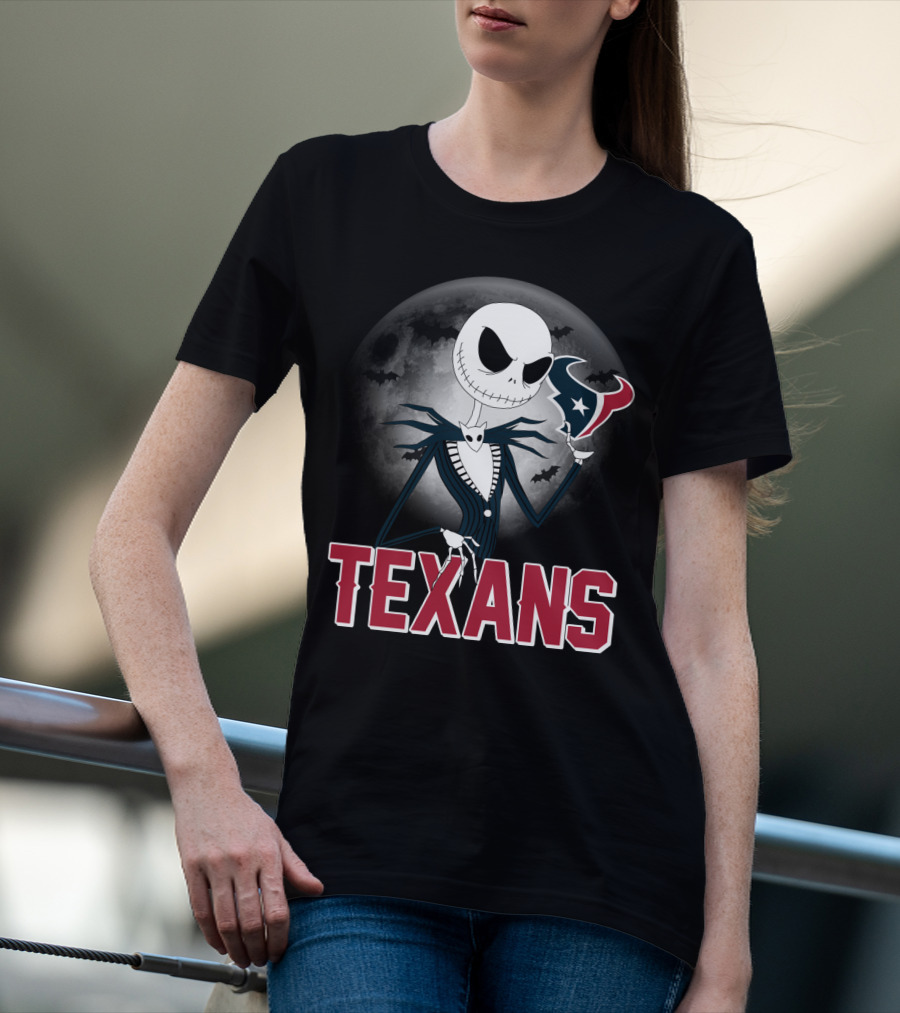 Jack Skellington Holding Houston Texans Logo With Moon And Bats T-Shirt