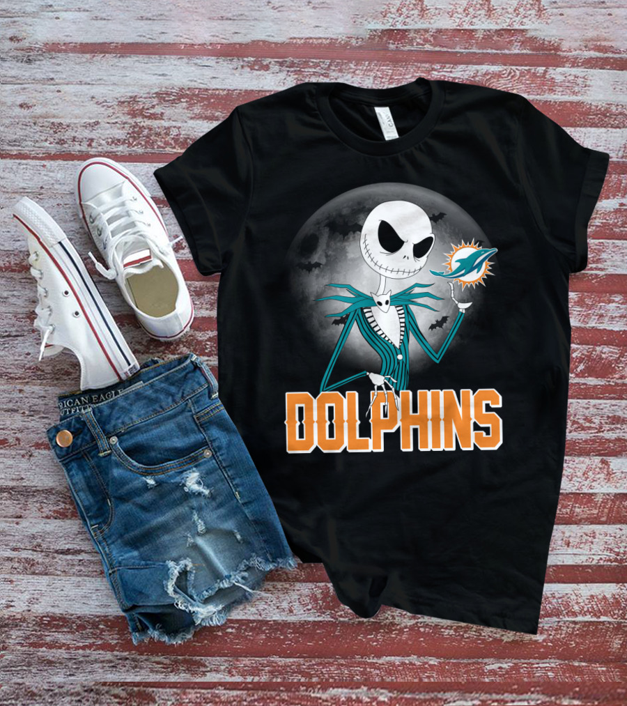 Jack Skellington Dolphins Halloween Miami Logo Moon T-Shirt