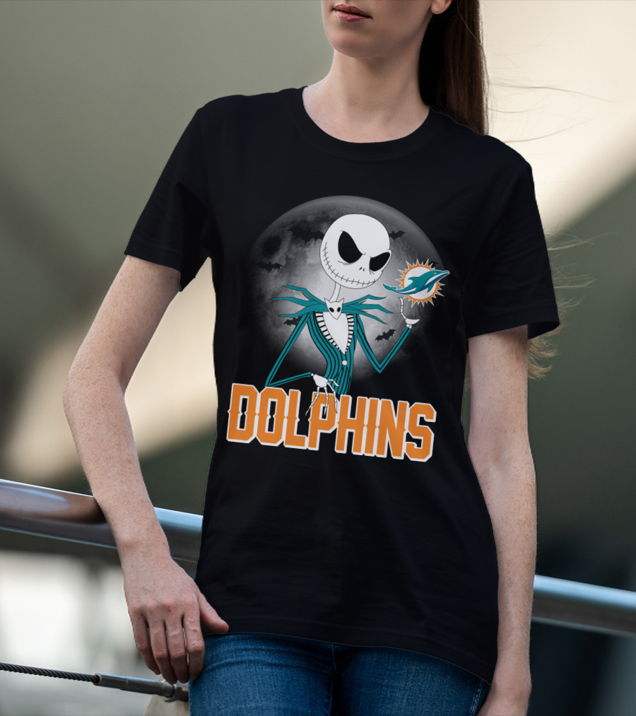 Jack Skellington Dolphins Halloween Miami Logo Moon T-Shirt