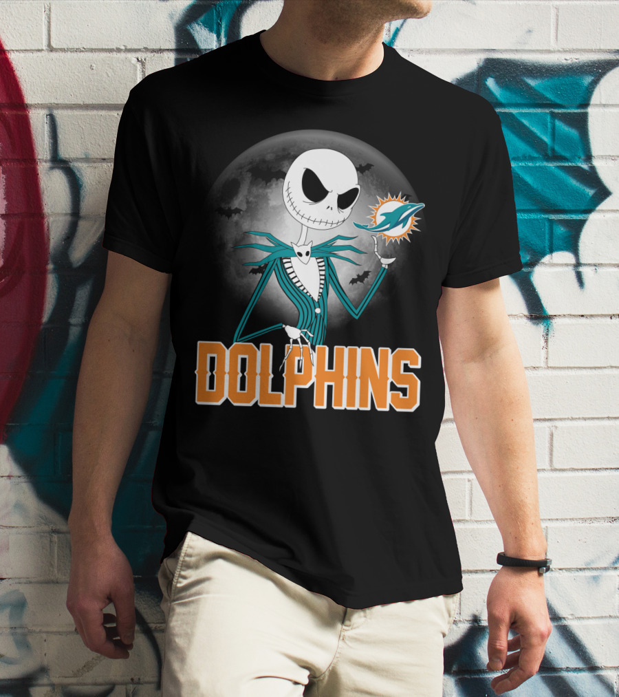 Jack Skellington Dolphins Halloween Miami Logo Moon T-Shirt