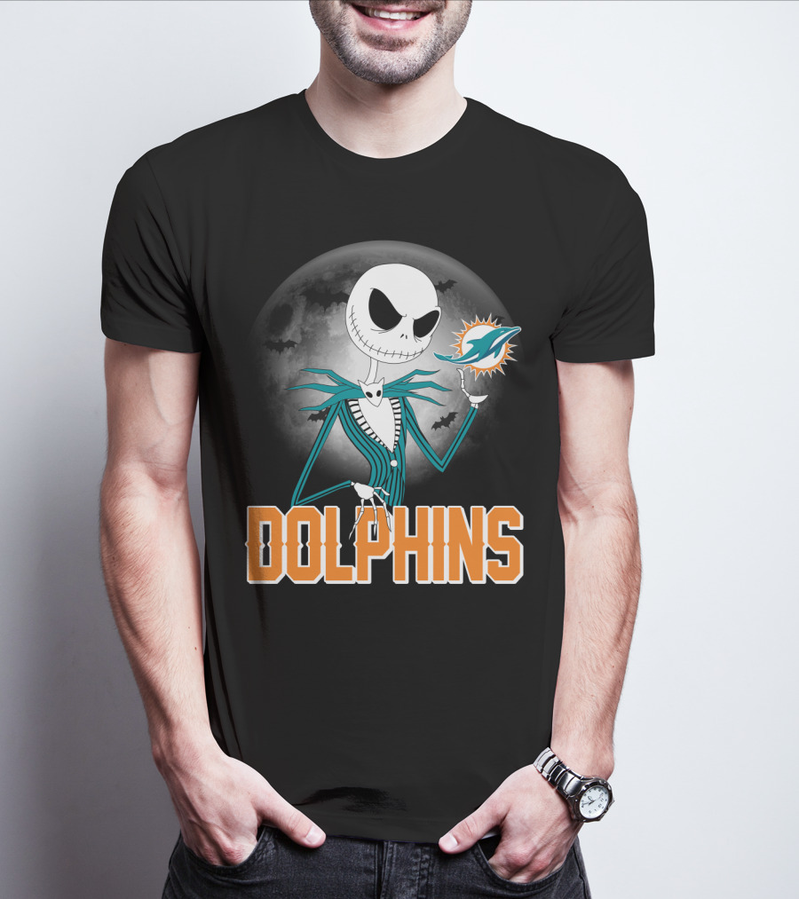 Jack Skellington Dolphins Halloween Miami Logo Moon T-Shirt