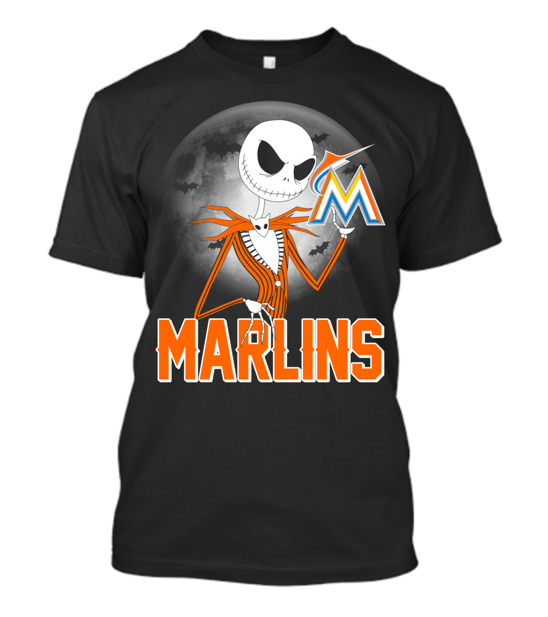 Jack Skellington Miami Marlins Halloween Moon Bat T-Shirt
