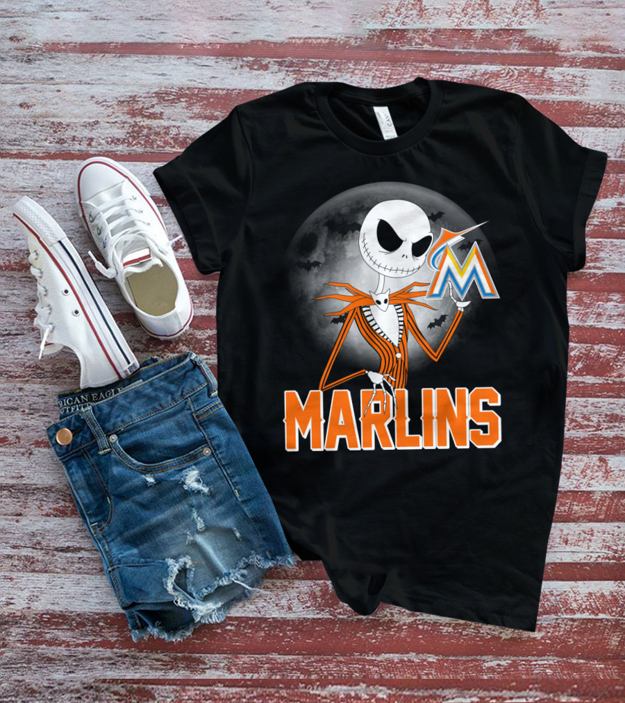 Jack Skellington Miami Marlins Halloween Moon Bat T-Shirt