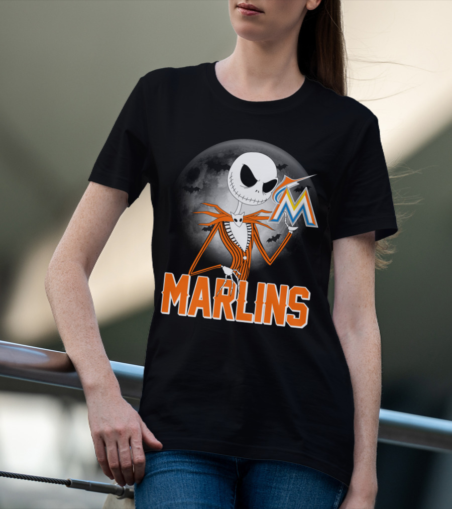 Jack Skellington Miami Marlins Halloween Moon Bat T-Shirt