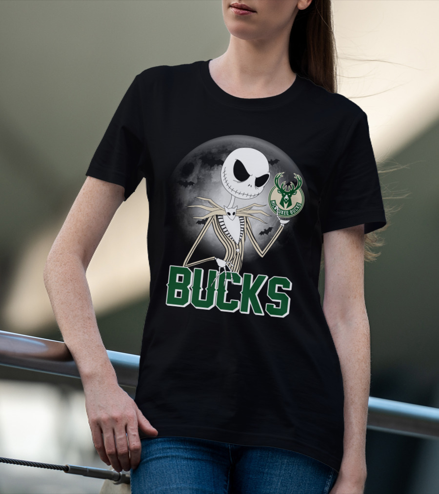 Jack Skellington Halloween Milwaukee Bucks Moon Bats T-Shirt